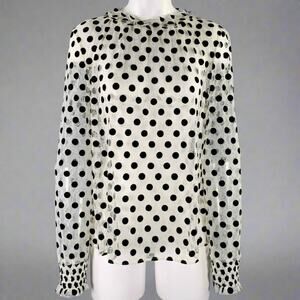 AKRIS Size 8 White Black Viscose Nylon Dots Long Sleeve Blouse